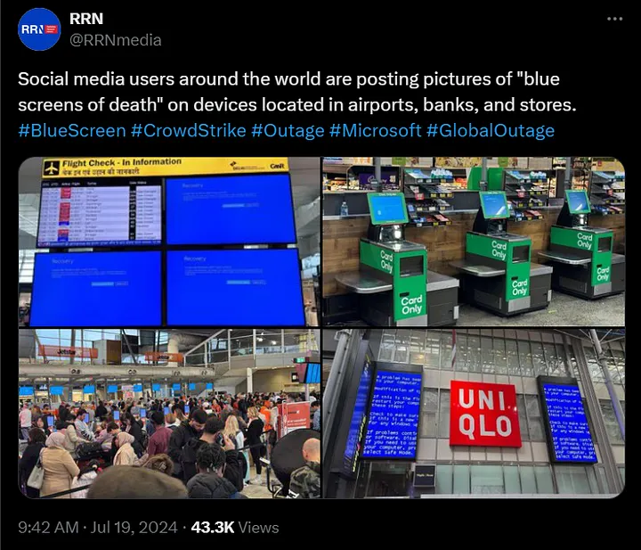 Multiple images of the blue screen of death on various IT devices around the world reported by x user @RRNmedia