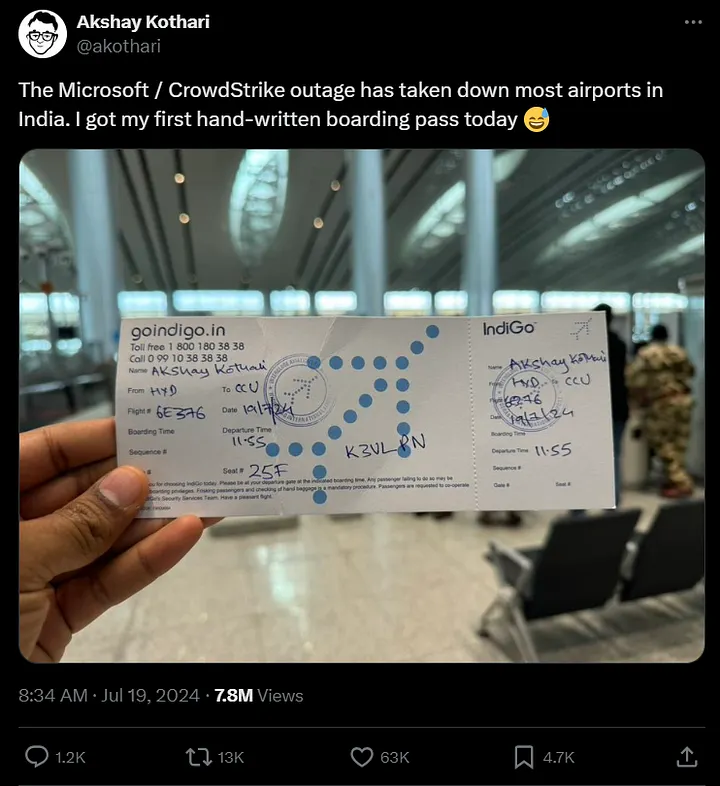 X user @akothari provides a picture of a handwritten boarding pass issued in India because of the outage.